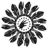 Abstract tribal feather mandala with central animal paw print native folk art inspired circular design, black and white illustration vector