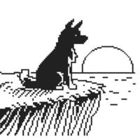 pixelated dog at sunset by the sea retro digital art with ocean horizon, silhouette design vector