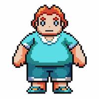 Pixel art character of a boy in blue shirt and shorts, standing front facing, retro 8 bit game style, casual kid vector
