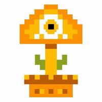 pixel art mushroom icon with bright orange cap, green stem, retro 8 bit game vector