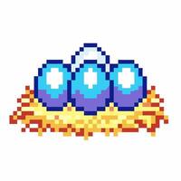Pixel art blue gems in nest, retro game treasure in straw nesting vector