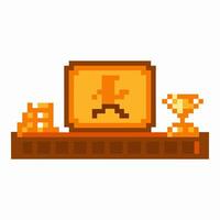Retro pixel art gaming trophy shelf with character and trophy vector