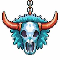 Pixel art buffalo skull with horns and blue feathers hanging from chain tribal totem, retro game icon vector
