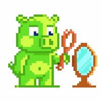 Pixelated green pig checks reflection, classic retro gaming scene animal with mirror, 8 bit art vector