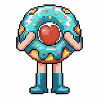 Pixel art character with blue frosted donut and heart center retro style, quirky standing figure, creative digital illustration vector