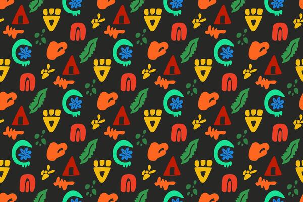 Modern Juneteenth doodle pattern. Playful hand-drawn shapes in traditional colors on black. Great for educational materials, kids' crafts, and digital backgrounds. Fun, engaging celebration