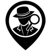 A map pin with a man in a hat and a magnifying vector