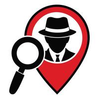 A map pin with a magnifying glass and a man in a hat vector