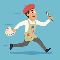 Cartoon artist running joyfully with a paint palette in one hand and brushes in the other. He wears a red beret and a paint stained apron, symbolizing creativity and passion for art. vector