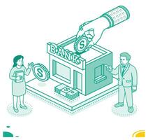 Isometric outline illustration of a large hand placing a dollar coin into a bank. A man and woman stand nearby discussing financial matters. Banking, investment, and savings.. vector