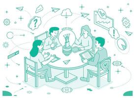Creative team brainstorming at a round table. Four people discuss ideas with light bulb, charts, and icons around. Business innovation and teamwork concept. Isometric illustration. vector