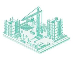 Construction site with crane, builders and skyscraper. Process of building a multi-storey building. Illustration in outline style. Isometric view of a monolithic frame building. vector