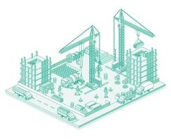 Active construction site with cranes, workers, builders and skyscrapers under development. Process of building. Line art style. Isometric view of a monolithic frame building. vector