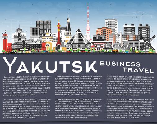 Yakutsk Russia city skyline with color buildings, blue sky and copy space. Yakutsk cityscape with landmarks. Business travel and tourism concept with modern and historic architecture.