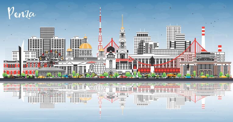 Penza Russia city skyline with color buildings, blue sky and reflections. Penza cityscape with landmarks. Business travel, tourism concept with modern and historic architecture.