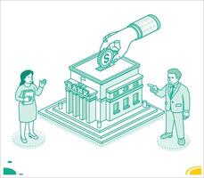 Isometric outline illustration of a large hand placing a dollar coin into a bank. A man and woman stand nearby discussing financial matters. Banking, investment, and savings vector
