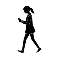 Girl Walking While Looking at Phone Simple Flat Silhouette vector