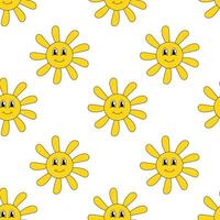 Seamless pattern with Smiling Face Sun. Groovy style background. flat illustration. vector