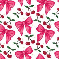Pink coquette bows and clusters of tiny red cherries with leaves, seamless pattern.The bow and cherry designs are evenly spaced, for wrapping paper or fabric vector