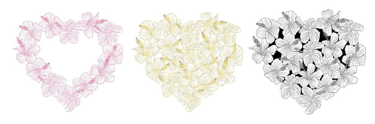 Hibiscus hearts set for cloring book design