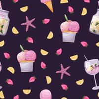 Bright summer seamless pattern with ice cream, cocktails, lemonade, starfish, lemons and strawberries on a dark background. Fabric textile design element. vector