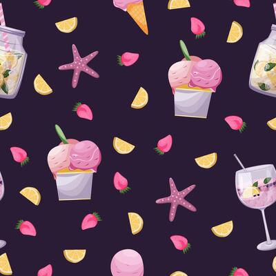 Bright summer seamless pattern with ice cream, cocktails, lemonade, starfish, lemons and strawberries on a dark background. Fabric textile design element.