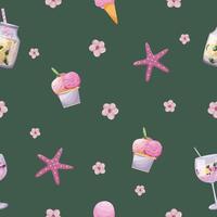 Bright summer seamless pattern with ice cream, cocktails, lemonade, starfish and pink flowers on a dark green background. Fabric textile design element. vector