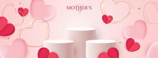 Mother's day for display podium, Valentine's Day with heart and flower. minimal pink background. product display presentation. studio room concept, minimal wall scene. design vector