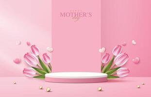 Mother's day display podium, Valentine's Day with heart and flower. minimal pink background. product display presentation. studio room concept, minimal wall scene. design. vector