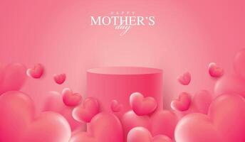 Mother's day for display podium Valentine's Day with heart and flower. minimal pink background. product display presentation. studio room concept, minimal wall. vector
