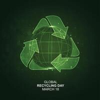 Global recycling day. green arrows recycling symbol with planet earth and icons. reuse reduce recycle. sustainable development concept of eco-friendly practices. design vector