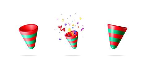 Exploding party popper with colorful confetti, abstract shapes, fun, and celebration. New year, Christmas, birthday concept. vector
