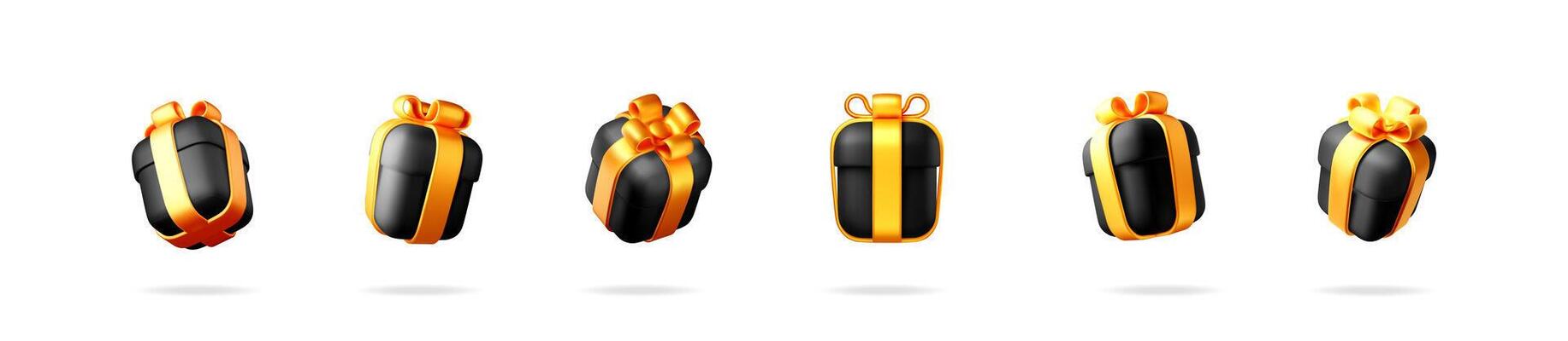 Six black and yellow gift box icons for holiday present. 3d render isolated object. Birthday, Christmas, New Year element.
