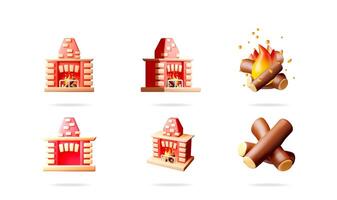 Different red fireplace, chimney, and campfire 3d illustration set collection. Minimalist cozy render style for winter or warmth concept design. vector