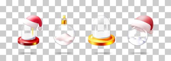 Set of 3d Christmas and winter holiday objects including snow globe, ornament ball, and empty glass dome for festive design. vector