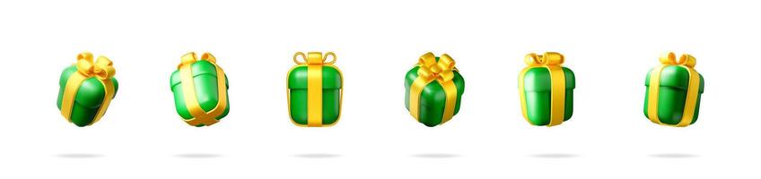 Set of green 3d gift box with golden ribbon bow. Collection of flying realistic present boxes for celebration and holiday. vector