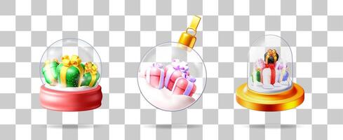 Collection of 3d Christmas and New Year illustrations. Set of gift boxes inside snow globe and Christmas tree toy for holiday design. vector
