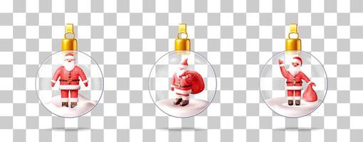 Set of three 3d illustrations of a Santa Claus character inside a clear glass Christmas globe with white snow, holiday design element. vector
