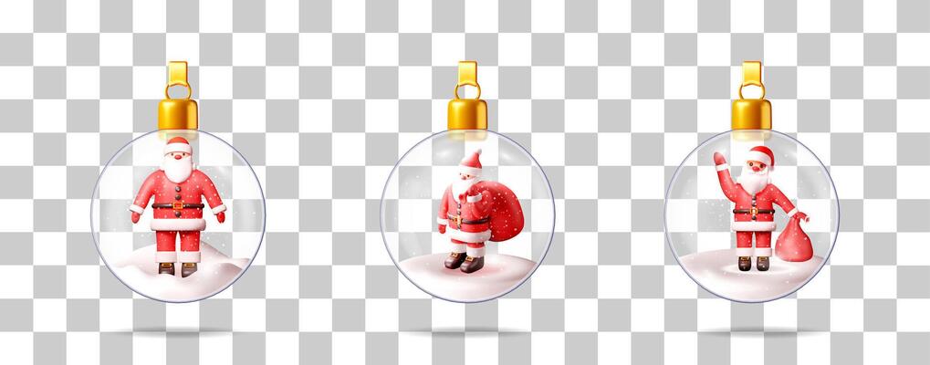 Set of three 3d illustrations of a Santa Claus character inside a clear glass Christmas globe with white snow, holiday design element.
