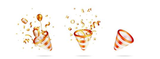 3D Gold Party Popper with Confetti icon. vector