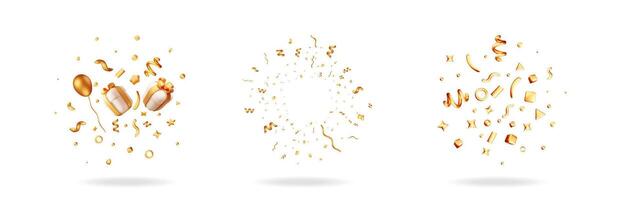 3D Party Gold Confetti on Red Background. vector