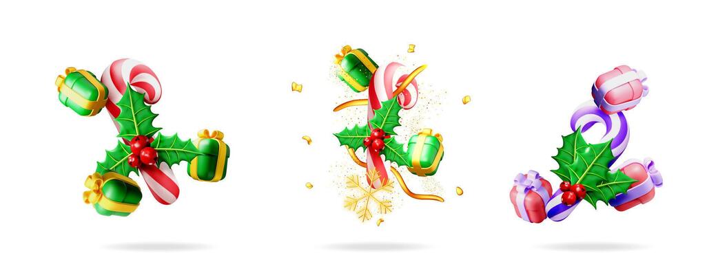Christmas 3d holiday decoration set. Green berry, red holly leaf decoration. White background isolated new year element icon.