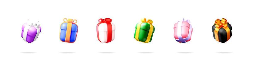 A set of six 3d rendered illustrations of colorful wrapped gift boxes for holidays and special occasions. vector