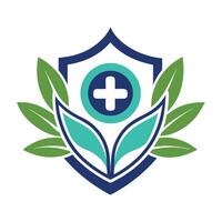 a shield with a cross and leaves on it vector