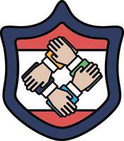 A shield with four hands holding hands vector