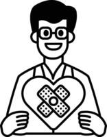 A man is holding a heart with bandages on it vector