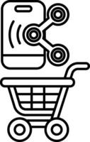 A black and white image of a shopping cart with a cell phone in the foreground vector