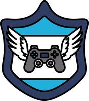 A blue shield with white wings and a controller on it vector