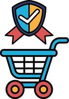 A blue shopping cart with a shield on top of it vector