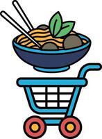 A cartoonish drawing of a shopping cart with a bowl of noodles vector